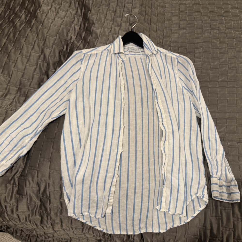 WNU (with nothing underneath) Blue and White Striped “the boyfriend” linen Shirt